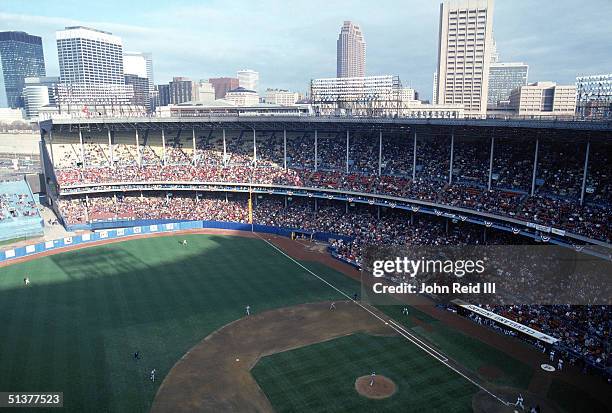 General view of Cleveland Municipal Stadium with the Cleveland Indians on the playing field in the Cleveland, Ohio.