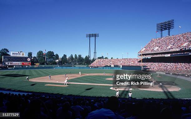 Left field view of Memorial Stadium with the Baltimore Orioles on field circa 1982 in Baltimore, Maryland.