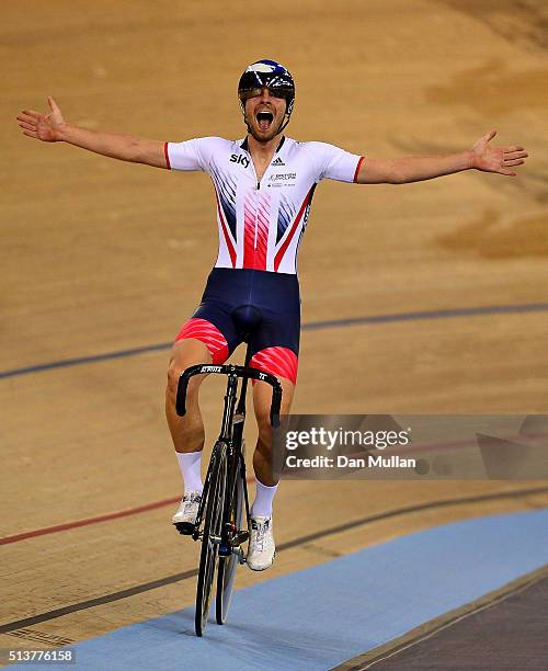 Jonathan Dibben of Great Britain celebrates after winning the final of the Mens Points Race during Day Three of the UCI Track Cycling World...