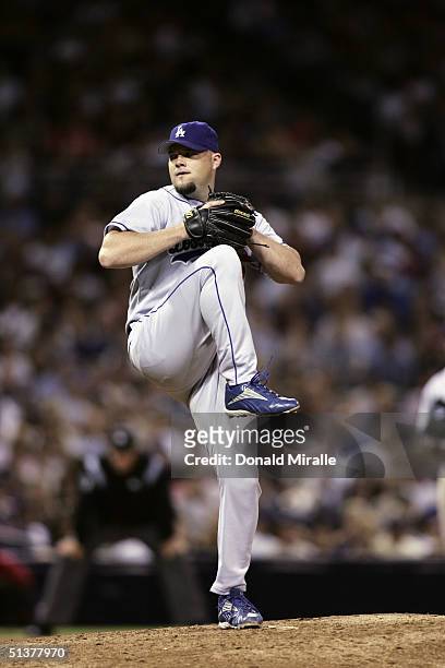 Pitcher Scott Stewart of the Los Angeles Dodgers winds up for the pitch during the game with the San Diego Padres on September 21, 2004 at Petco Park...