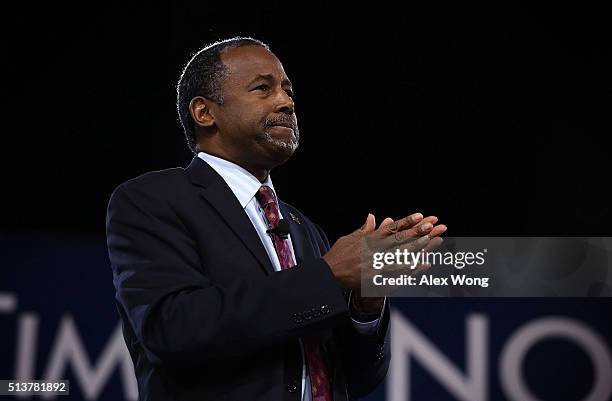 Republican presidential candidate Ben Carson speaks during CPAC 2016 March 4, 2016 in National Harbor, Maryland. Carson announced he is dropping out...