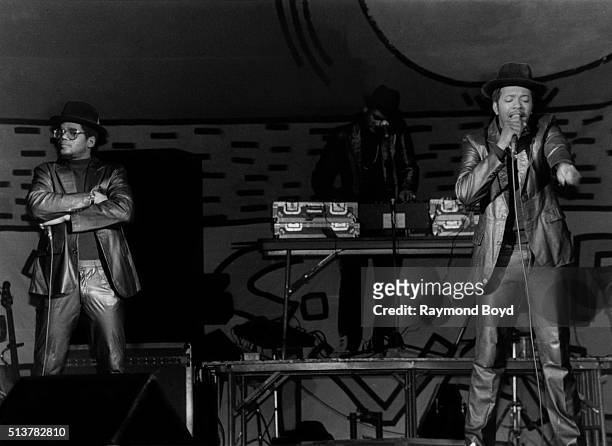 Rappers DMC and Run of Run DMC performs during ‘The Swatch Watch New York City Fresh Festival ‘84’ at the U.I.C. Pavilion in Chicago, Illinois in...