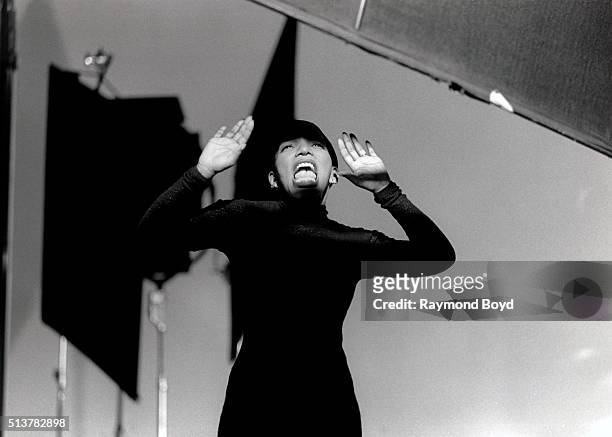 Singer Stephanie Mills performs during a video shoot in Chicago, Illinois in 1992.