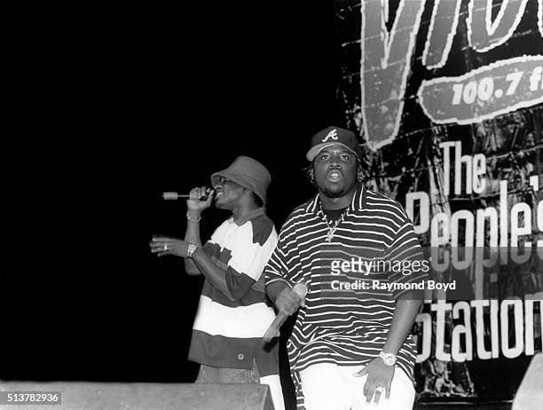 Rappers and actors Andre' 3000 and Big Boy from Outkast performs at the Marcus Amphitheatre in Milwaukee, Wisconsin in 1995.