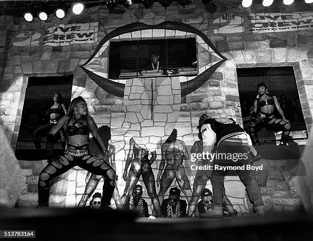 Rapper Luke Skyywalker and DJ Mr. Mixx from 2 Live Crew performs on stage at the International Amphitheatre in Chicago, Illinois in 1989.