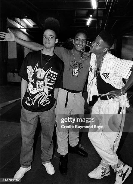 Rapper Kid, DJ Wiz and rapper Play of Kid-N-Play poses for photos backstage at The Arena in St. Louis, Missouri in April 1989.