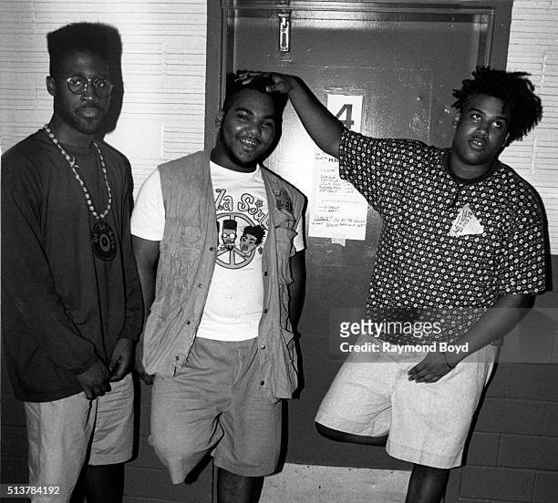 Rappers Posdnuos, Maseo and Trugoy The Dove from De La Soul poses for photos after their performance at The Arena in St. Louis, Missouri in 1992.