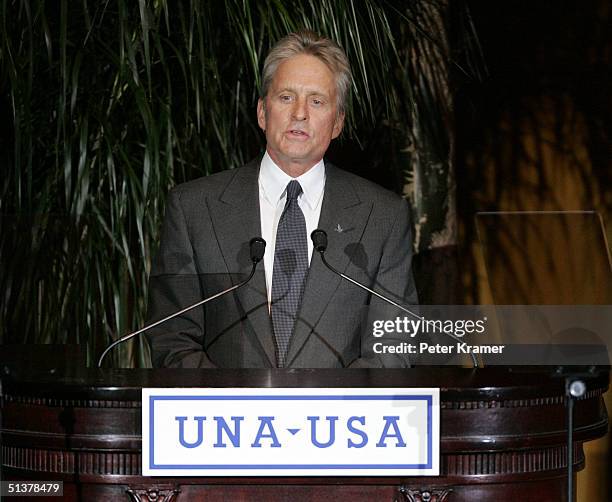Actor Michael Douglas makes an appearance at The Waldorf Astoria for the United Nations Association Global Leadership Awards Dinner. September 30,...