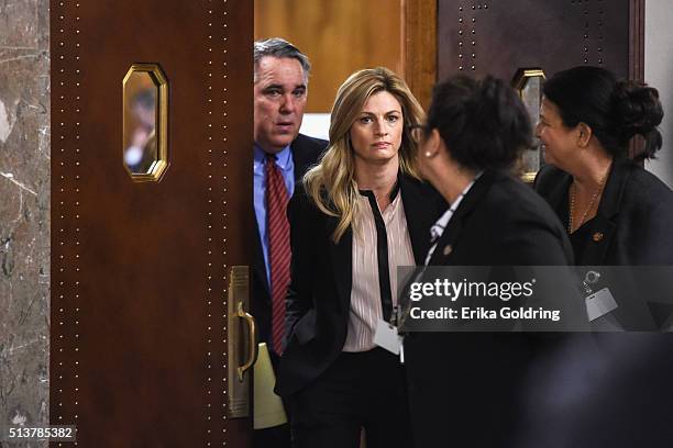 Attorney Scott Carr and sportscaster Erin Andrews leave the courtroom on March 4, 2016 in Nashville, Tennessee. Andrews is taking legal action...