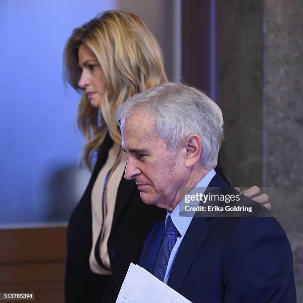 Sportscaster Erin Andrews and attorney Bruce Broillet leave the courtroom on March 4, 2016 in Nashville, Tennessee. Andrews is taking legal action...