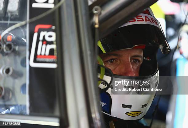 Todd Kelly driver of the Nissan Motorsport Nissan looks on during for practice prior to race one for the V8 Supercars Clipsal 500 at Adelaide Street...