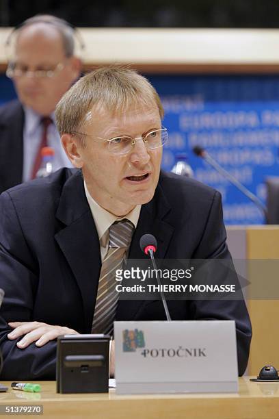 New incoming European commissioner for Science and Research Slovenian Janez Potocnik gives a speech at the start of his hearing at the European...