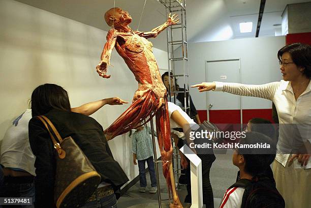 Visitors gaze at a preserved plastomic of an entire human specimen at the "Mysteries of the Human Body" exhibition which displays some 170 specimens...