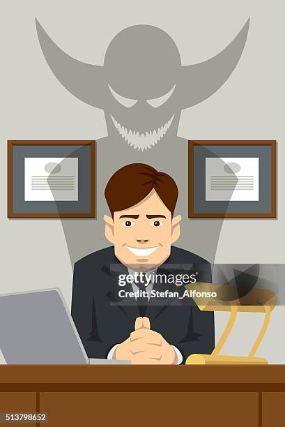 devilish boss sitting behind the desk - devil stock illustrations