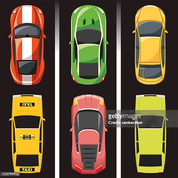 stockillustraties, clipart, cartoons en iconen met top view car set - yellow taxi