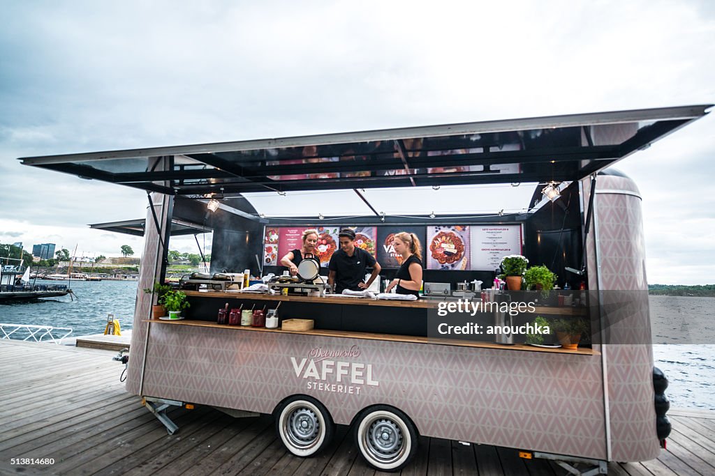 Truck selling freshly cooked waffles in Oslo, Norway