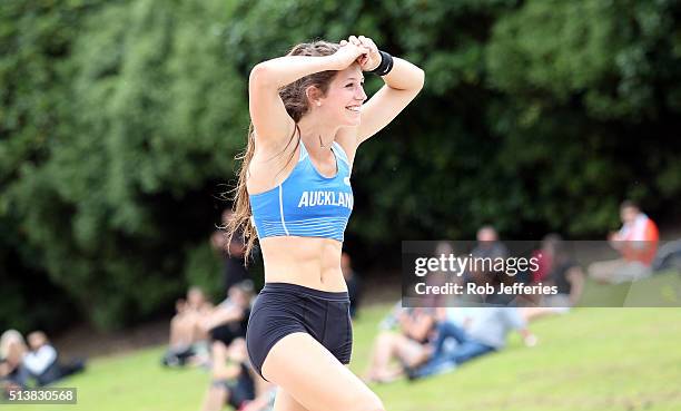 Eliza McCartney of Auckland celebrates breaking the New Zealand and Oceania record in the Womens Pole Vault Final during the 2016 National Track &...