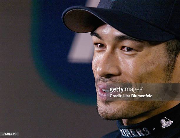 Ichiro Suzuki of the Seattle Mariners smiles during a press conference after defeating the Texas Rangers on October 1, 2004 at Safeco Park in...