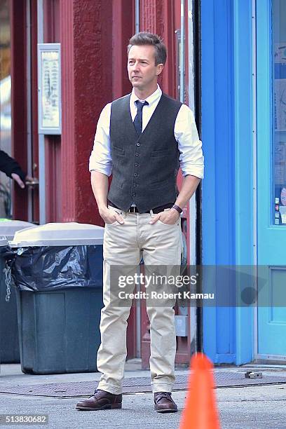 Ed Norton seen on set of Colletaral Beauty on March 4, 2016 in East Village New York City.