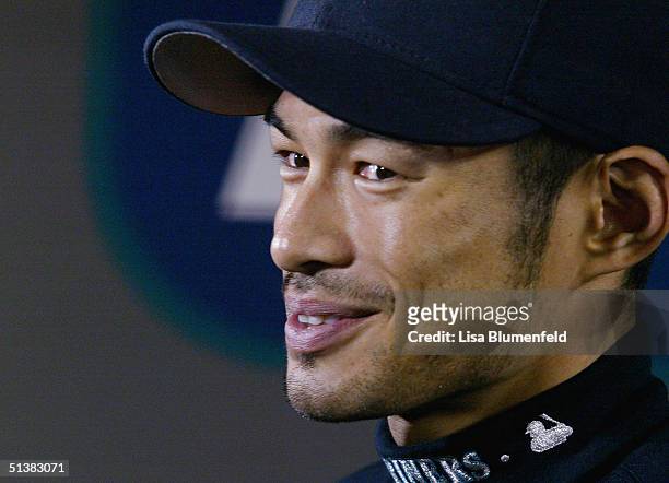 Ichiro Suzuki of the Seattle Mariners smiles during a press conference after defeating the Texas Rangers on October 1, 2004 at Safeco Park in...