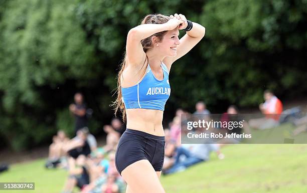 Eliza McCartney of Auckland celebrates breaking the New Zealand and Oceania record in the Womens Pole Vault Final during the 2016 National Track &...