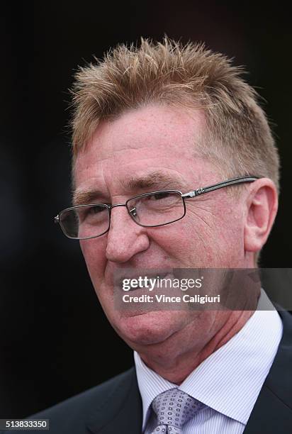 Trainer Steven Richards after win of Lazumba in Race 1, the Saintly Handicap during Melbourne Racing at Flemington Racecourse on March 5, 2016 in...