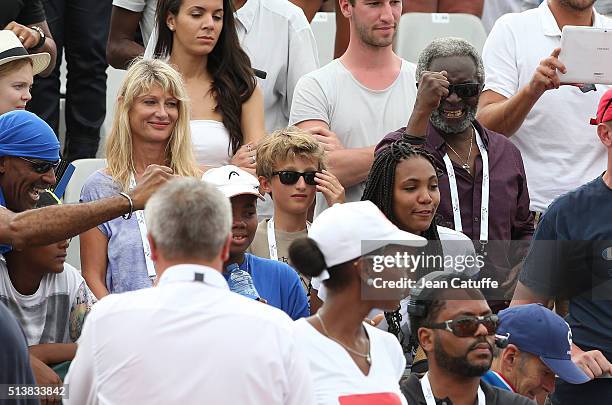 Isabelle Camus, wife of Yannick Noah, their son Joalukas Noah, Zacharie Noah, father of Yannick's father react during day 1 of the Davis Cup World...