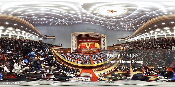 General view of Beijing's Great Hall of the People during the opening session of the opening session of the National People's Congress on March 5,...