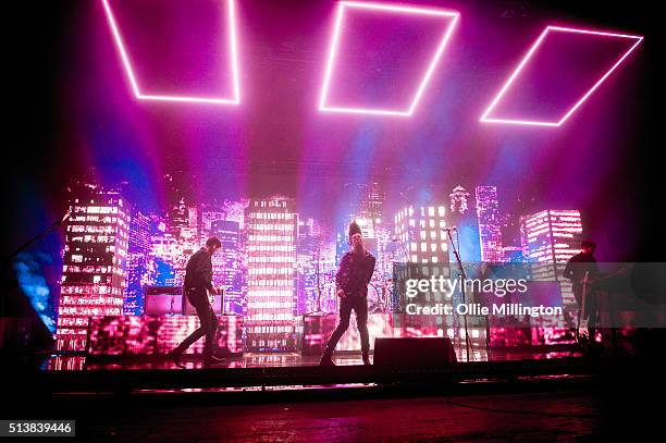 Adam Hann, George Daniel, Matthew Healy, and Ross MacDonald of The 1975 perform during the first night of a 5 night residency at Brixton Academy on...