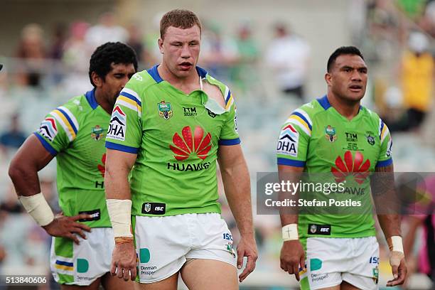 Shannon Boyd of the Raiders reacts during the round one NRL match between the Canberra Raiders and the Penrith Panthers at GIO Stadium on March 5,...