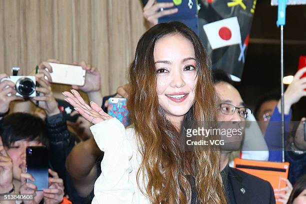 Japanese singer and actress Namie Amuro arrives at Taipei Songshan Airport for a performance in following two days on March 4, 2016 in Taipei, Taiwan...