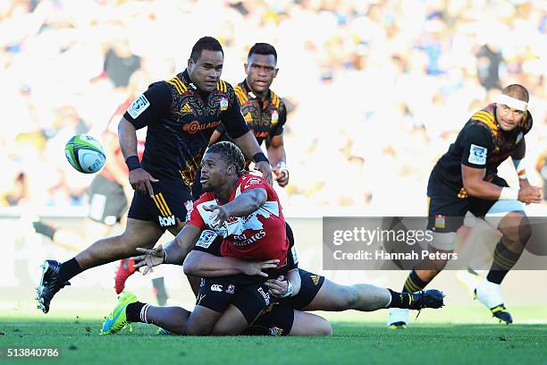 Howard Mnisi of the Lions makes a break during the round two Super Rugby match between the Chiefs and the Lions at FMG Stadium on March 5, 2016 in...