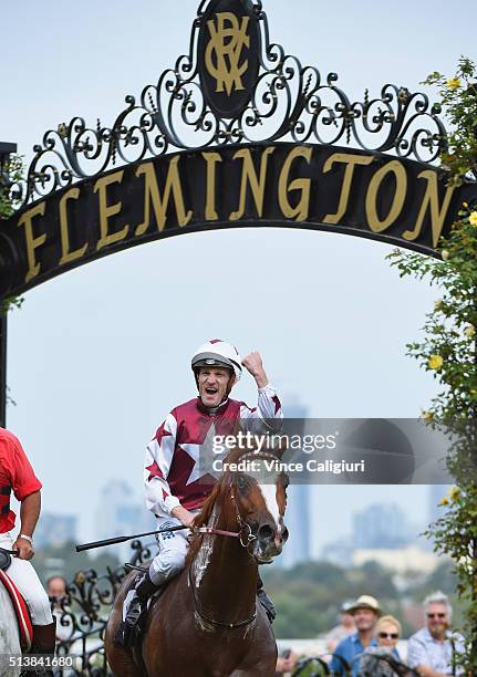 Mark Zahra riding Palentino after winning Race 7, the Australian Guineas during Melbourne Racing at Flemington Racecourse on March 5, 2016 in...