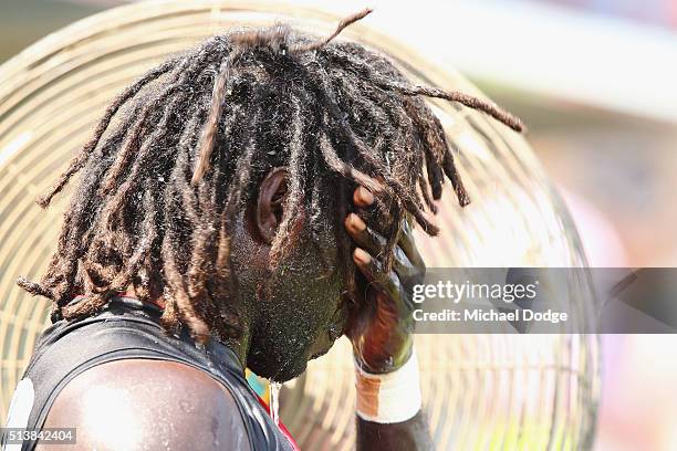 Anthony Tipungwuti of the Bombers looks exhausted from the heat after coming onto the bench during the 2016 AFL NAB Challenge match between the...