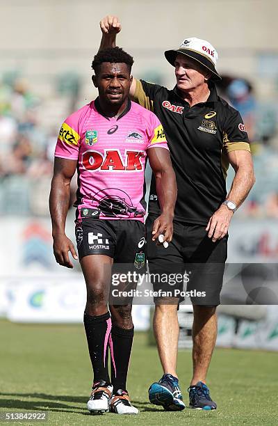 James Segeyaro of the Panthers comes off injured during the round one NRL match between the Canberra Raiders and the Penrith Panthers at GIO Stadium...