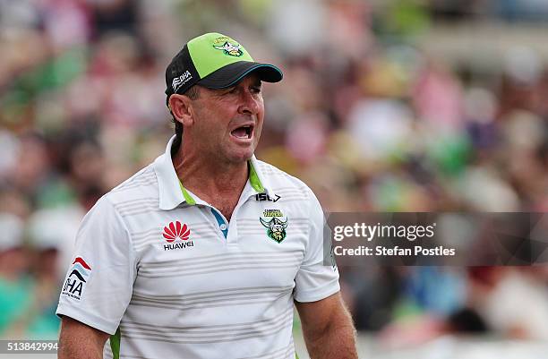 Raiders Coach Ricky Stuart watches on during the round one NRL match between the Canberra Raiders and the Penrith Panthers at GIO Stadium on March 5,...