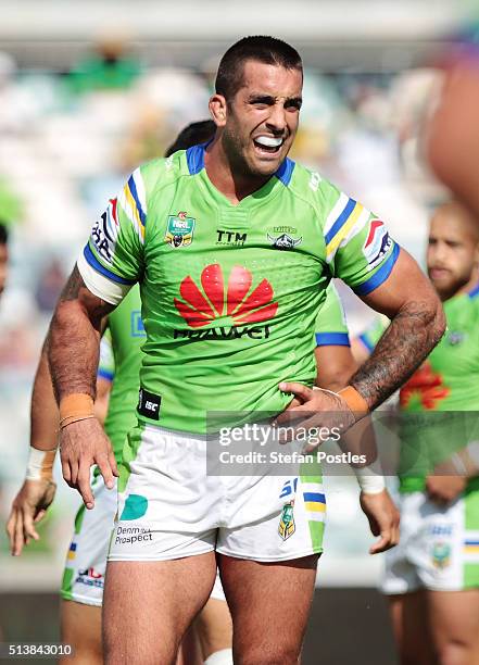 Paul Vaughan of the Raiders during the round one NRL match between the Canberra Raiders and the Penrith Panthers at GIO Stadium on March 5, 2016 in...