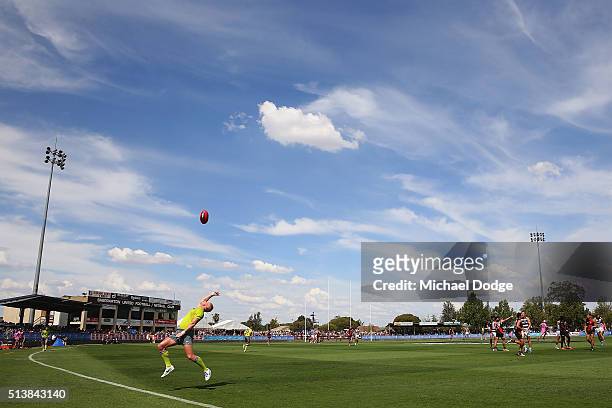 Boundary umpire throws the ball back into play during the 2016 AFL NAB Challenge match between the Essendon Bombers and the Geelong Cats at Deakin...