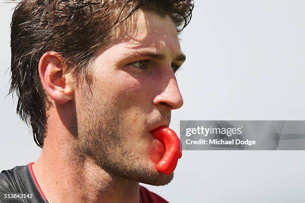 Sam Michael of the Bombers looks upfield during the 2016 AFL NAB Challenge match between the Essendon Bombers and the Geelong Cats at Deakin Resserve...