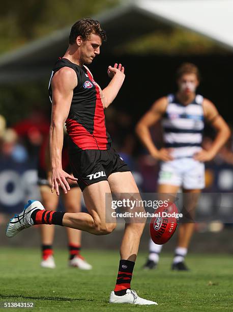 Sam Grimley of the Bombers kicks the ball for a goal during the 2016 AFL NAB Challenge match between the Essendon Bombers and the Geelong Cats at...