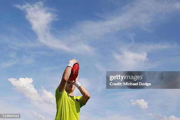 Boundary umpire throws the ball back into play during the 2016 AFL NAB Challenge match between the Essendon Bombers and the Geelong Cats at Deakin...