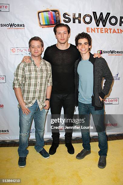 Actors Jason Earles, Leo Howard and Cameron Boyce arrive at the ShoWorks Entertainment celebrates Young Hollywood event on March 4, 2016 in Toluca...