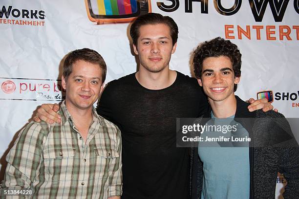 Actors Jason Earles, Leo Howard and Cameron Boyce arrive at the ShoWorks Entertainment celebrates Young Hollywood event on March 4, 2016 in Toluca...