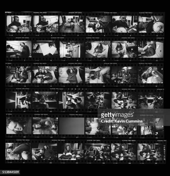 Contact sheet depicting English pop group The Wonder Stuff at Rockfield Studios, near Monmouth in Wales, December 1989. The group are recording demos...