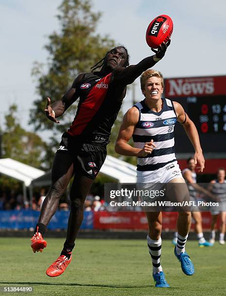 Anthony McDonald-Tipungwuti of the Bombers attempts to mark during the 2016 NAB Challenge match between the Essendon Bombers and the Geelong Cats at...