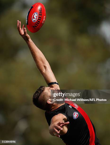 Mark Jamar of the Bombers in action during the 2016 NAB Challenge match between the Essendon Bombers and the Geelong Cats at Deakin Reserve,...