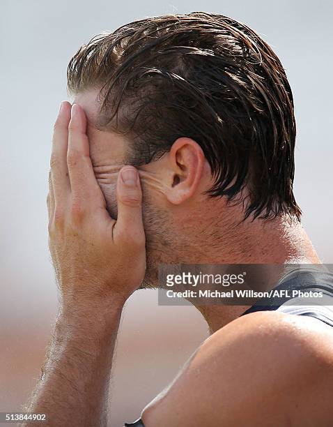 Tom Hawkins of the Cats cools down during the 2016 NAB Challenge match between the Essendon Bombers and the Geelong Cats at Deakin Reserve,...