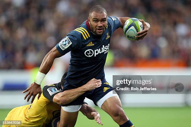 Patrick Osborne of the Highlanders on the attack during the round two Super Rugby match between the Highlanders and the Hurricanes at Forsyth Barr...