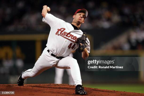 Starting pitcher Roy Oswalt of the Houston Astros throws against the Colorado Rockies on October 2, 2004 at Minute Maid Park in Houston, Texas.