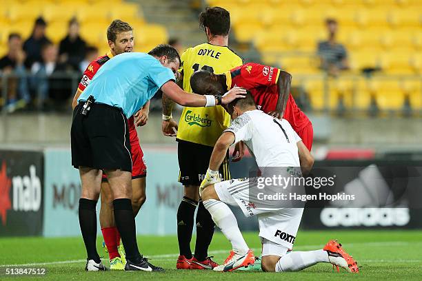 Referee Peter Green and Bruce Djite of Adelaide United check on the health of Glen Moss of the Phoenix after a collision during the round 22 A-League...